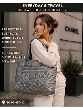 Authentic CHANEL Coco Cocoon Quilted Nylon Tote Grey Large Travel Bag
